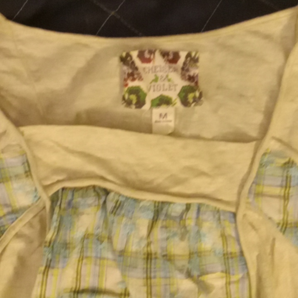 Chelsea and violet gray and blue plaid with floral crochet detail